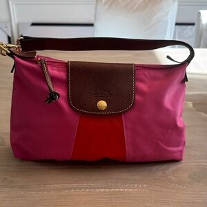 Longchamp Pink and Red Shoulder Bag with Brown Accent